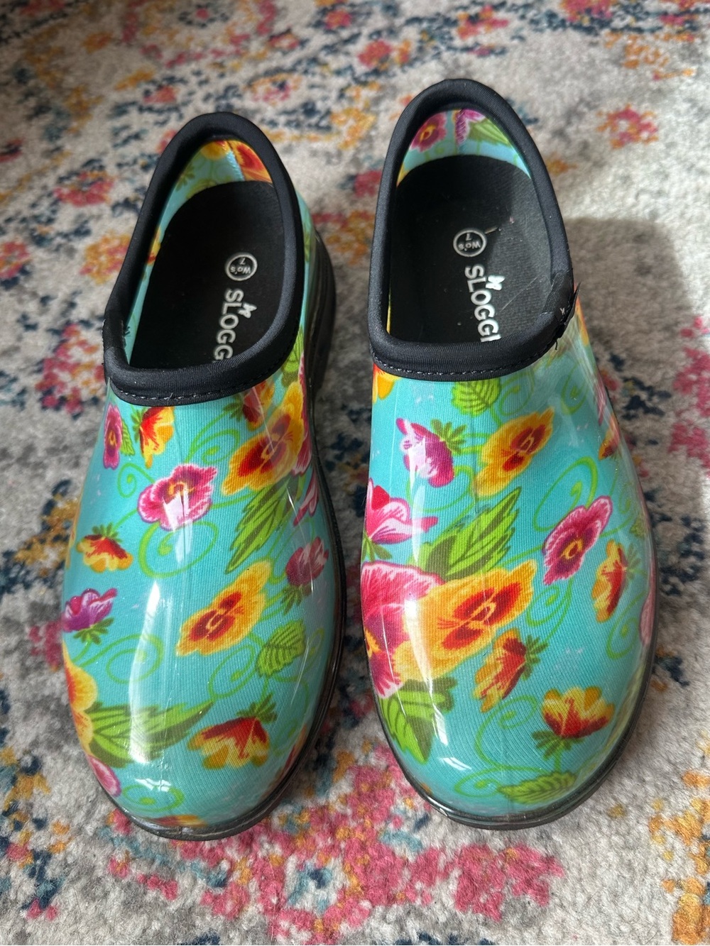 Sloggers women’s  Floral Rain Clogs - Turquoise with Pink, Yellow & Green